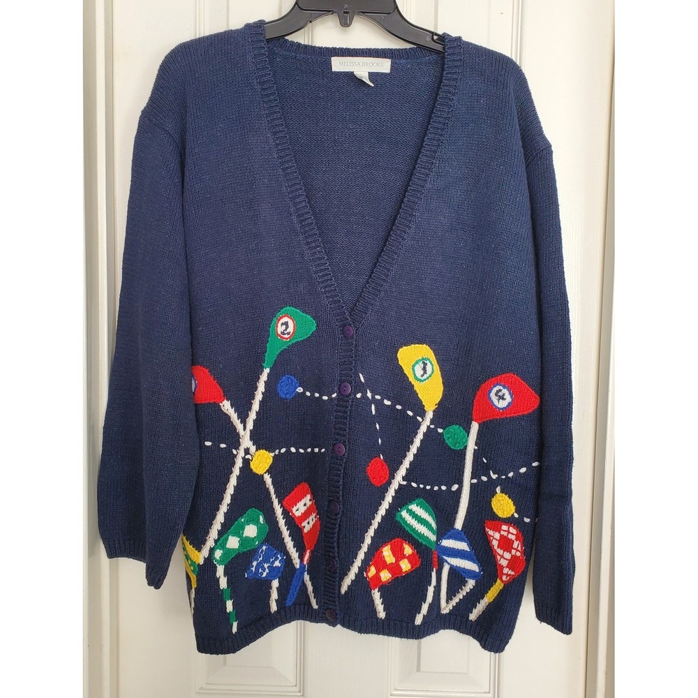 Melissa Brooks Cardigan Sweater Blue Golf Club Intarsia Vintage Novelty Large